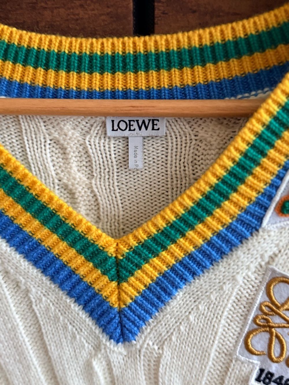 Authentic Loewe Cream Cable-Knit V-Neck Sweater with Yellow & Blue Trim - Picture 2 of 4